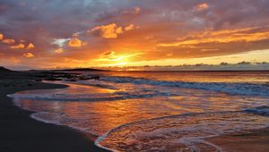 Preview wallpaper waves, foam, sunset, shore