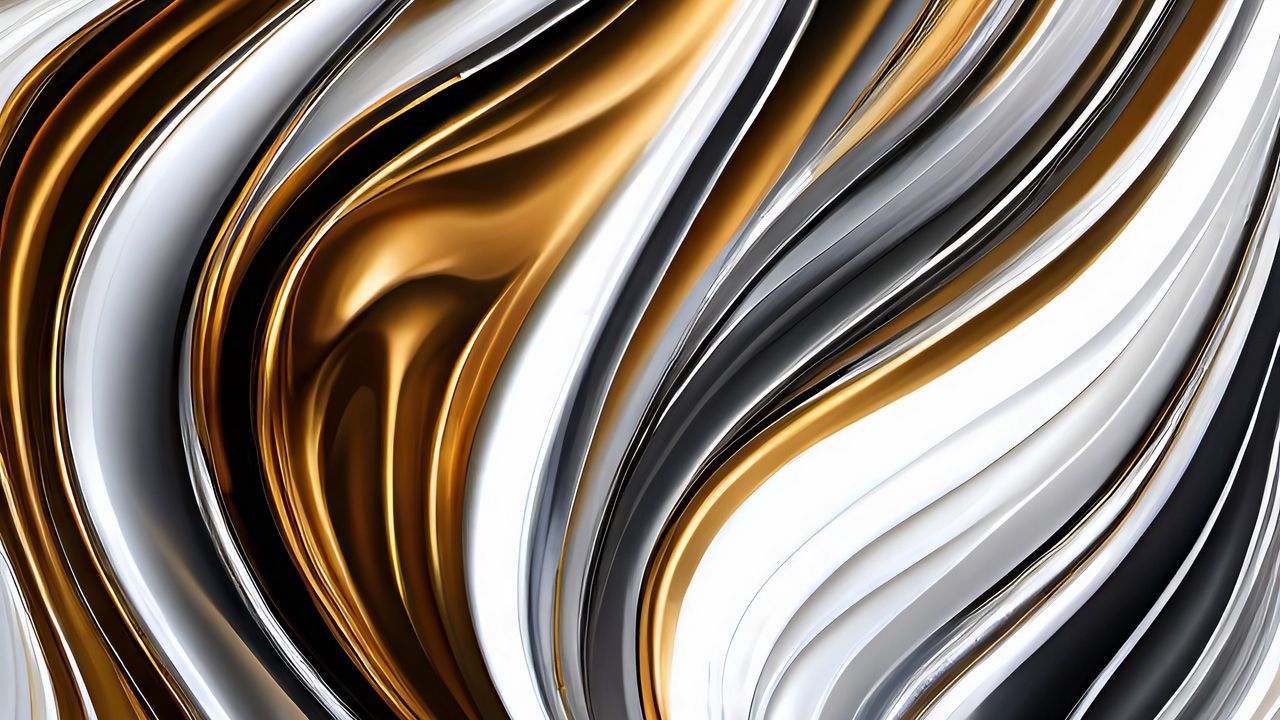 Wallpaper waves, metallic, curves, gold, white