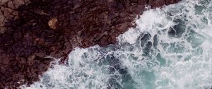 Preview wallpaper waves, rock, aerial view, sea, coast
