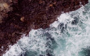 Preview wallpaper waves, rock, aerial view, sea, coast