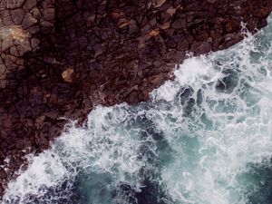 Preview wallpaper waves, rock, aerial view, sea, coast