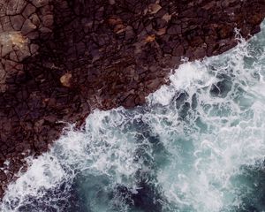 Preview wallpaper waves, rock, aerial view, sea, coast