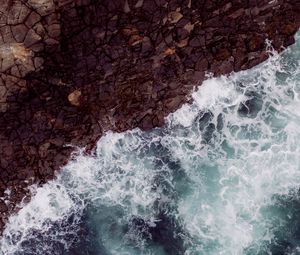 Preview wallpaper waves, rock, aerial view, sea, coast