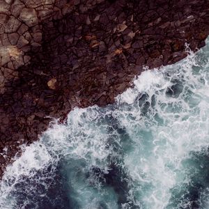 Preview wallpaper waves, rock, aerial view, sea, coast