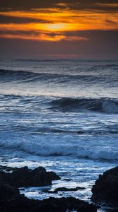 Preview wallpaper waves, rocks, horizon, sun