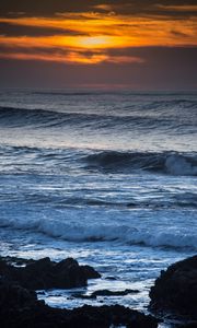 Preview wallpaper waves, rocks, horizon, sun