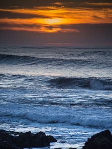 Preview wallpaper waves, rocks, horizon, sun