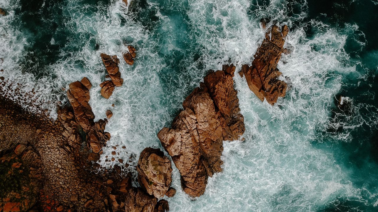 Wallpaper waves, rocks, water, aerial view hd, picture, image