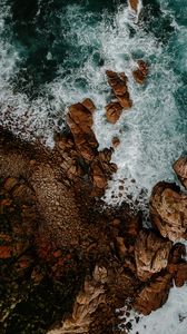 Preview wallpaper waves, rocks, water, aerial view