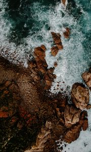 Preview wallpaper waves, rocks, water, aerial view