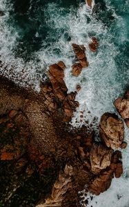 Preview wallpaper waves, rocks, water, aerial view