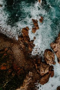 Preview wallpaper waves, rocks, water, aerial view