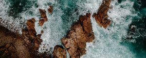 Preview wallpaper waves, rocks, water, aerial view