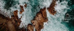 Preview wallpaper waves, rocks, water, aerial view