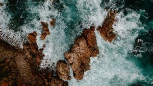 Preview wallpaper waves, rocks, water, aerial view