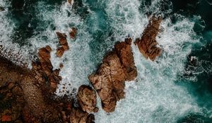 Preview wallpaper waves, rocks, water, aerial view