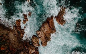 Preview wallpaper waves, rocks, water, aerial view