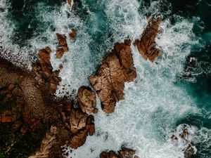 Preview wallpaper waves, rocks, water, aerial view