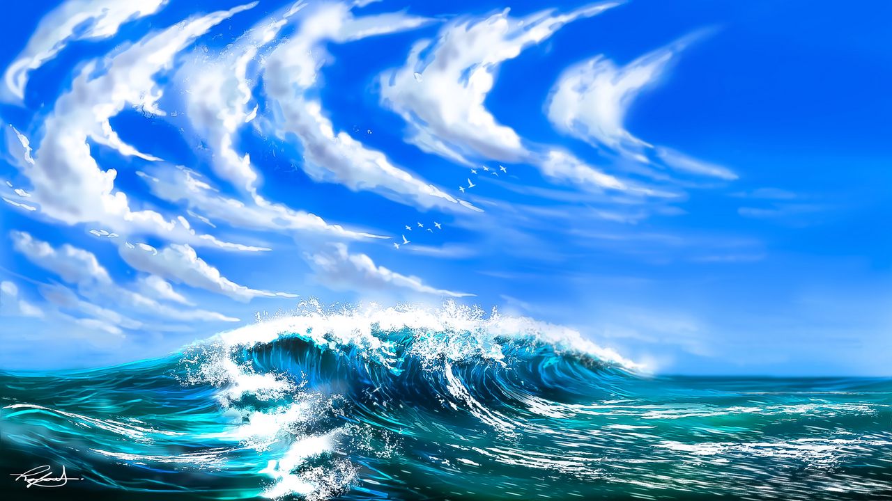 Wallpaper waves, sea, clouds, birds, art
