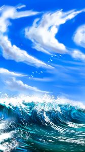 Preview wallpaper waves, sea, clouds, birds, art