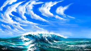 Preview wallpaper waves, sea, clouds, birds, art