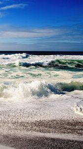 Preview wallpaper waves, sea, sky, stones, coast, noise, surf