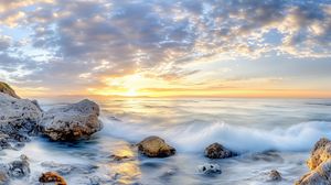 Preview wallpaper waves, sea, stones, shore, sky, clouds, sun, horizon
