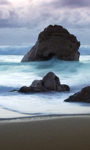 Preview wallpaper waves, sea, stones, storm, coast, sand, beach