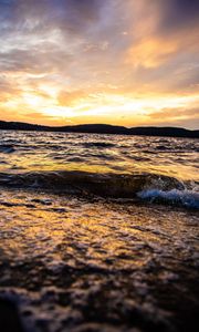 Preview wallpaper waves, shore, sunset, water, dusk