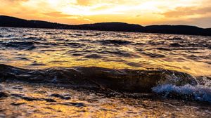 Preview wallpaper waves, shore, sunset, water, dusk