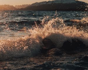 Preview wallpaper waves, spray, stones, water, shore