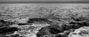 Preview wallpaper waves, stones, sea, black and white, nature, horizon
