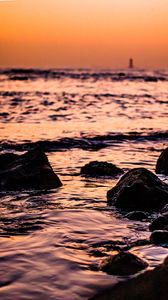 Preview wallpaper waves, sunset, water, stones
