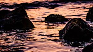 Preview wallpaper waves, sunset, water, stones