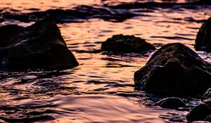 Preview wallpaper waves, sunset, water, stones
