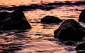 Preview wallpaper waves, sunset, water, stones
