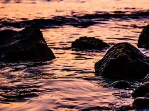 Preview wallpaper waves, sunset, water, stones