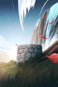 Preview wallpaper well, waterfall, leaves, autumn, art