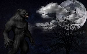 Preview wallpaper werewolf, monster, grin, starry sky, full moon, night