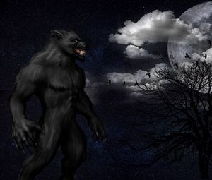 Preview wallpaper werewolf, monster, grin, starry sky, full moon, night