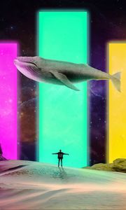 Preview wallpaper whale, man, illusion, desert, art
