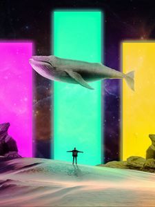 Preview wallpaper whale, man, illusion, desert, art