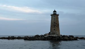 Preview wallpaper whaleback lighthouse, lighthouse, stones, sea, clouds, usa