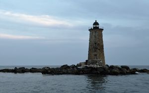 Preview wallpaper whaleback lighthouse, lighthouse, stones, sea, clouds, usa