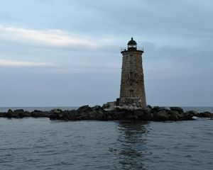 Preview wallpaper whaleback lighthouse, lighthouse, stones, sea, clouds, usa