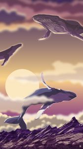 Preview wallpaper whales, sea, sun, art