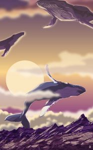 Preview wallpaper whales, sea, sun, art