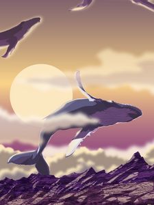 Preview wallpaper whales, sea, sun, art