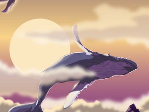 Preview wallpaper whales, sea, sun, art