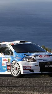 Preview wallpaper white, blue, sports, abarth, grande punto, car, side view, nature, water